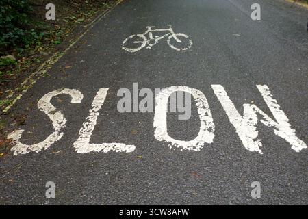 Die weiße Schrift auf dem Asphalt steht „LANGSAM“ mit einem Fahrradsymbol darüber, das auf eine Straße in Kombination mit einem Radweg hinweist. Die Markierungen sind verschlissen. Foto i Stockfoto