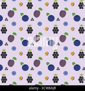 Dieses kreative Muster zeigt eine Reihe von Fruchtlinien-Ikonen, darunter Blaubeeren, Brombeeren und Pflaumen. Stock Vektor