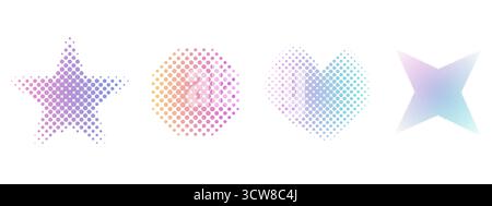 Trendige y2k-Dekoration mit Herz-, Kreis- und Sternenmuster im Halbton. Farbverlauf, Retro-Pixel, Korneffekt. Gepunktete Herzen im Pop-Art-Stil, isoliert auf weiß. Vektorabbildung Stock Vektor