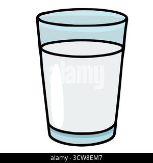 Eine klare, einfache Vektorillustration eines Glases, das mit weißer Flüssigkeit gefüllt ist, möglicherweise Milch, mit einem subtilen hellblauen Farbton am Rand und an der Basis Stock Vektor