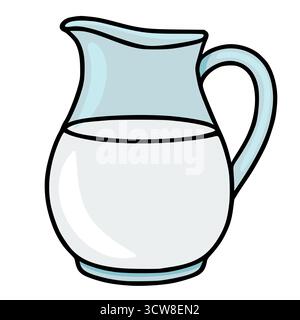 Eine einfache, saubere Vektorgrafik eines mit Milch gefüllten Glaskrug mit einem hellblauen Farbton und kräftigen schwarzen Umrissen, perfekt für kulinarische oder Stock Vektor