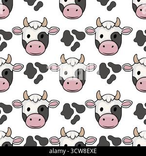 Skurriles nahtloses Vektor-Muster mit niedlichen Holstein-Kuhgesichtern und stilisierten schwarzen Flecken auf einem sauberen weißen Hintergrund, ideal für verspielte Designs. Stock Vektor