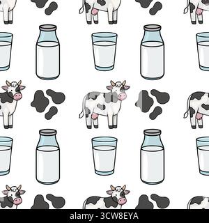 Nahtloses Vektormuster mit charmanten Zeichentrickkühen und Milchflaschen mit Gläsern. Stock Vektor