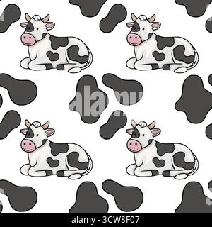 Vector - niedliche Zeichentrickkuh aus Holstein mit schwarz-weißen Flecken, dargestellt in einem sich wiederholenden Muster mit abstrakten schwarzen Blobs, isoliert auf einem weißen Hintergrund Stock Vektor