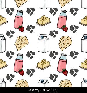 Ein entzückendes nahtloses Vektormuster mit Milchprodukten im Cartoon-Stil wie Käsekeile, Butterblöcke mit Wirbeln und Flaschen rosa Milch, i Stock Vektor