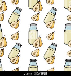 Nahtloses Vektormuster mit Milchflaschen im Zeichentrickstil und halbierten Birnen, gerendert mit auffälligen Linien und einer hellen, fröhlichen Farbpalette. Stock Vektor