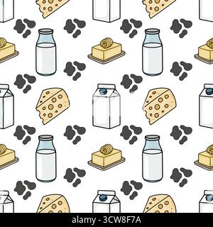 Ein bezauberndes Comic-Vektor-Muster mit Milchprodukten wie Milchkartons, Flaschen Milch, Käsescheiben und Butter, durchsetzt mit verspielten Stock Vektor