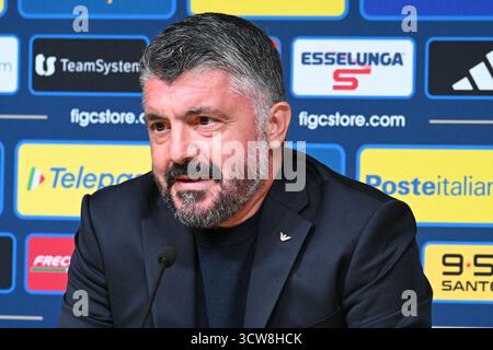 Tallin, Estland. Oktober 2025. Gennaro Gattuso (Cheftrainer Italien) Pressekonferenz Spiel Tag 1 während Team Estland - Pressekonferenz, FIFA-Weltmeisterschaftsspiel in Tallin, Estland, 10. Oktober 2025 Credit: Independent Photo Agency/Alamy Live News Stockfoto