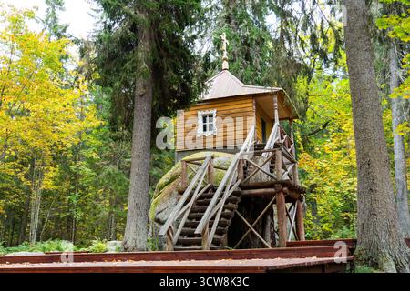 Eine einzigartige Holzkonstruktion, möglicherweise eine kleine Kapelle oder Eremitage, erbaut auf einem massiven Stein, umgeben von üppigem Herbstlaub in einem dichten Wald Stockfoto