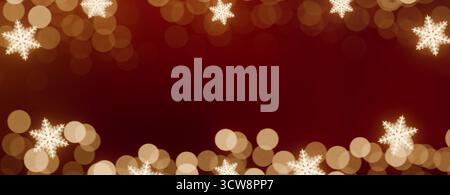 Festlicher weihnachtshintergrund mit goldenen Schneeflocken und warmen Bokeh-Lichtern vor roter Kulisse. 3D-Rendering Stockfoto