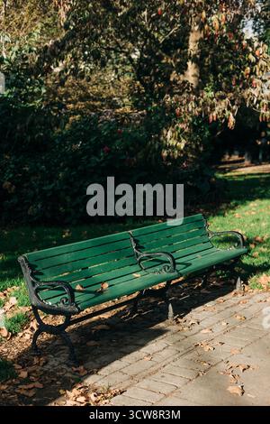Zwei grüne Bänke sitzen ruhig in einem schattigen Bereich, umgeben von Bäumen und weichem Gras, perfekt zum Ausruhen an einem sonnigen Tag. Stockfoto