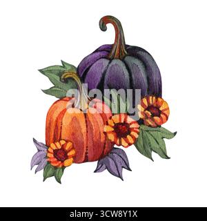 Herbstkürbisse mit Sonnenblumen, Vintage-Kürbis, Blätter. Thanksgiving- und Halloween-Designvorlage. Handgezeichnete Aquarellillustration Stockfoto