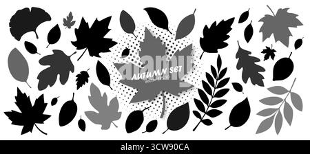 Eine Reihe von Silhouetten von Herbstblättern in verschiedenen Formen in Schwarz und Grau auf weißem Hintergrund. Stock Vektor