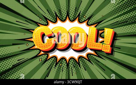 Eine Vorlage für Comics mit dem Text „cool“ in einer Sprechblase, grüne Radialstrahlen. Stock Vektor