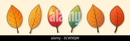 Ein Satz von sechs Herbstblättern in verschiedenen Formen und Farben auf beigefarbenem Hintergrund. Stock Vektor