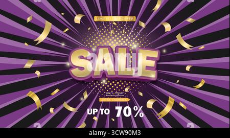 Eine Designvorlage für Werbebanner mit 3D-Text auf einem Hintergrund aus schwarzen und violetten Strahlen mit goldenen Streamern. Stock Vektor