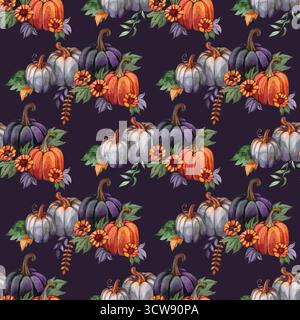Nahtloses Muster der Herbstkürbisse. Sonnenblumen, Blumen, Blätter. Perfekt für Herbst, Thanksgiving, Feiertage, Stoff, Textil. Nahtloses Wiederholungsfeld. Stockfoto