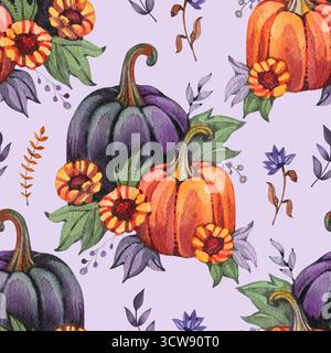 Nahtloses Muster der Herbstkürbisse. Sonnenblumen, Blumen, Blätter. Perfekt für Herbst, Thanksgiving, Feiertage, Stoff, Textil. Nahtloses Wiederholungsfeld. Stockfoto