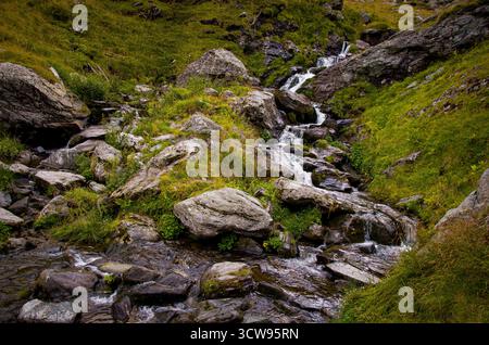 Rushing Mountain Stream Kaskadierend über Boulder und üppige grüne alpine Hänge Stockfoto