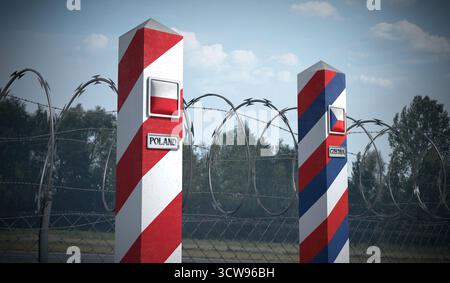 Grenzposten mit Flaggen von Polen und Tschechien - 3D-Illustration Stockfoto