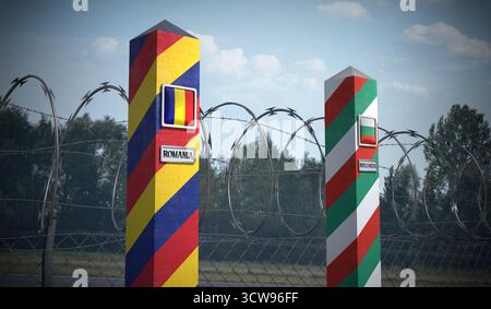 Grenzposten mit Flaggen Rumäniens und Bulgariens - 3D-Abbildung Stockfoto