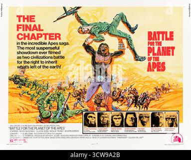 Battle for the Planet of the Affen (1973) von J. Lee Thompson mit Roddy McDowall, Claude Akins und Natalie Trundy. Cäsar sucht Harmonie zwischen Affen und Menschen, während der Krieg die zerbrechliche neue Gesellschaft bedroht. Foto eines Original-Posters aus dem Jahr 1973 (USA) NUR FÜR REDAKTIONELLE ZWECKE. Quelle: BFA / 20th Century Fox Stockfoto