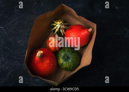 Verschiedene Kürbisse in einer Papiertüte auf schwarzem Hintergrund, Draufsicht. Thanksgiving-Konzept. Stockfoto
