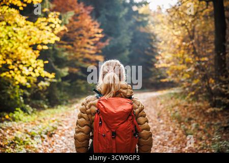 Frau Touristin mit rotem Rucksack auf Wanderwegen im Herbstwald. Wandern an sonnigen Tagen in der Herbstsaison Stockfoto