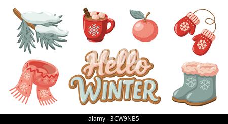 Handgezeichnetes Set mit Kakao, Handschuhen, Stiefeln, Schal und Kiefernzweig. Zeichentrickvektor-Illustration auf weißem Hintergrund Stock Vektor