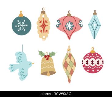 Niedliches handgezeichnetes weihnachtsschmuck-Set, festliche Kugeln und Weihnachtsdekoration Stock Vektor