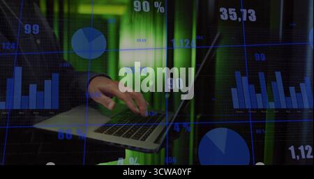 Koreanischer Handbedienungs-Laptop in grün beleuchteter Einrichtung mit Balken- und Kreisdiagrammen, Prozentwerten und Rasterlinien Stockfoto