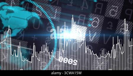 Anzeigen von Linien- und Balkendiagrammen in der Benutzeroberfläche, Hervorhebung des Globus, alphanumerischem Währungsraster, Linsenflackern Stockfoto