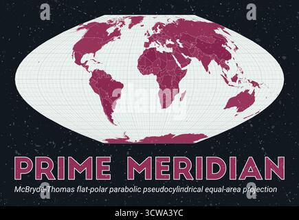 Prime Meridian. Weltkarte. McBryde-Thomas flachpolare parabolische pseudozylindrische EQUAL-Area-Projektion, zentriert auf dem Prime Meridian. Stock Vektor
