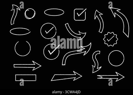 Handgezeichnete Kreideskizzen mit Pfeilen, Kreisen und Häkchen auf schwarzem Hintergrund. Stock Vektor