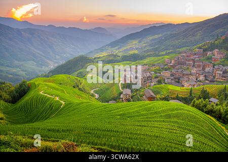 Longji-Reisterrassen auf dem Yaoshan-Berg in Guangxi, China, Sonnenaufgangslicht Stockfoto