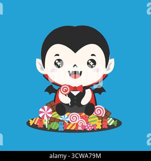 Süßer Baby-Vampir, der auf Einem Stapel Süßigkeiten sitzt Stock Vektor