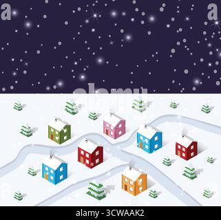 Weihnachten Winter Stadt Hintergrund der Country Cottages mit schneebedeckten Tannen und Schnee Straße Stock Vektor