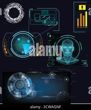 Futuristisches HUD-Schnittstellenkontrollsystem – 3D Earth Globe, Datenkarten, Sicherheitspanels und Cyberpunk UI Vektor-Grafikset Stock Vektor