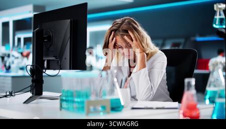Tech Overload: Weibliche Forscherin, Die Probleme Hat, Die Hilfe-Flag Zu Halten Stockfoto
