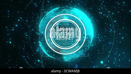 Holographischer Globus mit numerischer Anzeige im 3D-Raum mit HUD-Elementen und Partikeln Stockfoto