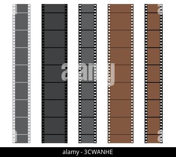 Vektorillustrationssatz mit vertikalen Filmstreifen in den Farben Grau, Schwarz und Braun. Klassisches analoges Foto- und Filmnegativ-Design, perfekt für Retro-Pho Stock Vektor