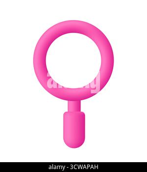 Rosafarbene Lupe, Lupe mit Griff. Discovery, Forschung, Suche, Analyse und Untersuchungskonzept. Symbol für 3D-Vektor. Minimaler Cartoon-Style. Stock Vektor