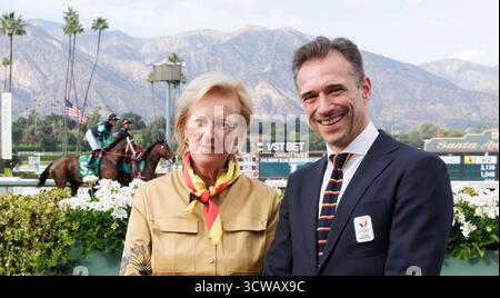 Los Angeles, Usa. Oktober 2025. Prinzessin Astrid von Belgien und BOIC - COIB CEO Cedric Van Branteghem, fotografiert während des belgischen Reittages im Santa Anita Park, während einer Wirtschaftsmission an der Westküste der Vereinigten Staaten, am Freitag, den 10. Oktober 2025. Die belgische Wirtschaftsmission in den USA findet vom 4. Bis 12. Oktober statt. BELGA FOTO BENOIT DOPPAGNE Credit: Belga News Agency/Alamy Live News Stockfoto