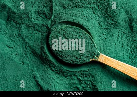 Haufen Sie grünes Spirulina-Algenpulver im Holzlöffel, Draufsicht auf grünem Spirulina-Pulver-Hintergrund. Nahrungsergänzungsmittel zur Verbesserung der Gesundheit. Seegras-Superf Stockfoto