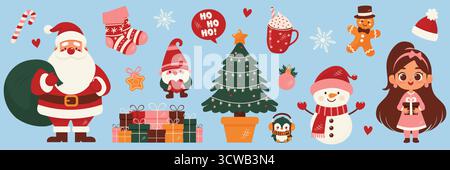 Winter Urlaub Vektor Set Santa Claus Schneemann und Dekorationen. Stock Vektor