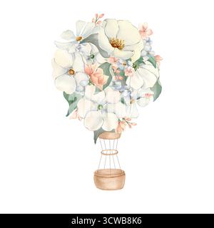 Florale Heißluftballons Aquarellillustration isolierter Hintergrund. Handbemalte Ballons mit weißen Blumen in sanften Pastelltönen. Kinderdesign Stockfoto