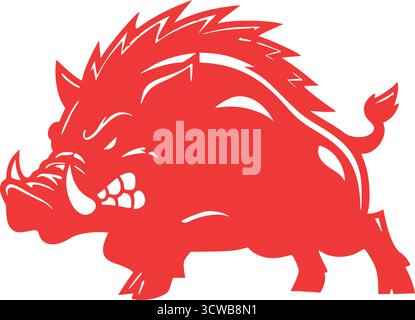 Starke, aggressive Wildschweine-Illustration, die einen wütenden, aufladenden Razorback zeigt, perfekt für Sportmannschaften oder starke Markendarstellung. Stock Vektor