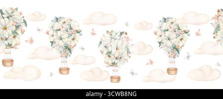 Weiße Blumenballons an nahtloser Grenze mit isolierten Wolken. Handgezeichnete Aerostate mit Wolken und Schmetterlingen in rosa Tönen. Aquarell Stockfoto