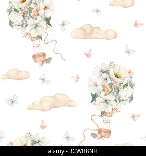 Aquarell nahtlose Muster florale Heißluftballons in Himmel isoliert weiß. Handgemalte Luftschiffe mit weißen Blumen, Wolken und Schmetterlingen in Pastellfarben Stockfoto