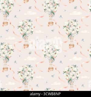 Luftballons und Blumen zartes, nahtloses Muster, isoliert in blassrosa. Handgezeichnete Ballons mit Blumen, Wolken und Satinbändern helles Aquarell Stockfoto